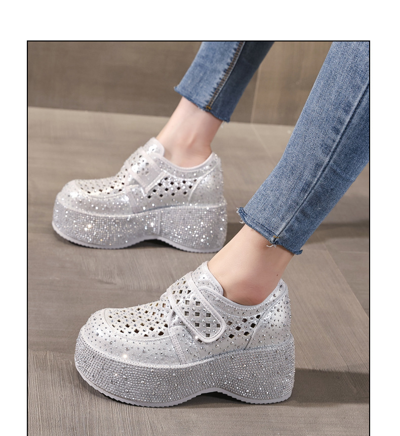 Giày sneaker nữ đế dày tăng chiều cao, phối đá rhinestone, quai magic stick, mùa hè 2026 — màu đen, bạc chi tiết 12