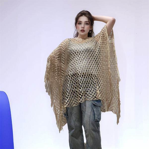 25跨境针织网纱镂空套头披肩防晒女海边度假编织泳衣沙滩斗篷夏季
