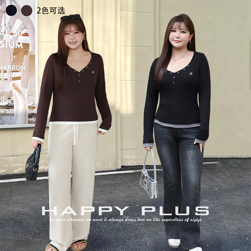 Runqi Plus Size American Style V-Neck Slim Fit Knitted Faux Two-Piece Long Sleeve T-Shirt 9315 Preppy Autumn Long Sleeve Top T-Shirt