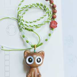 设计 绿檀木猫咪吊坠搭配檀朱砂福牌白玛瑙手工编织绳
