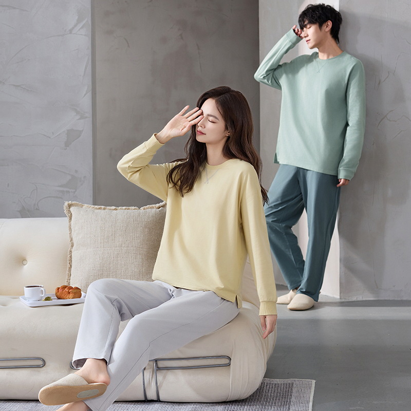 Pijamas de pareja de algodón primavera y otoño pantalones de mangas largas para hombres estriados ropa casera casual para mujeres primavera y otoño