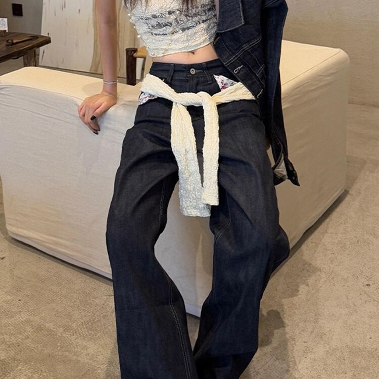 美式复古设计感赤耳碎花拼接牛仔裤子女辣妹亚文化宽松显瘦直筒裤|undefined