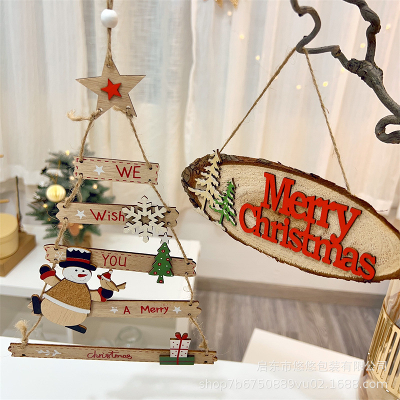 クロスボーダークリスマス木製装飾看板 クリスマス英語文字 ドア壁掛け 三角形ペンダント DIY小道具|undefined