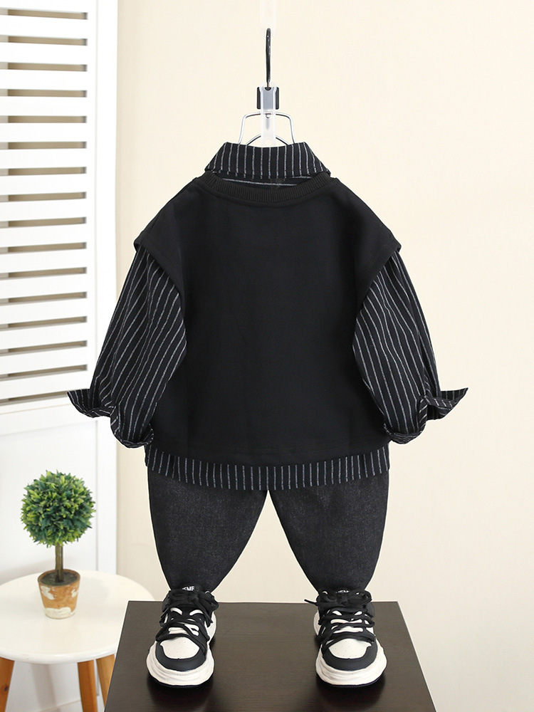 5991 Traje de otoño para niños 2024 Nuevo estilo Cool y guapo Camisa a rayas para bebés Chaleco de dos piezas Primavera y otoño para niños