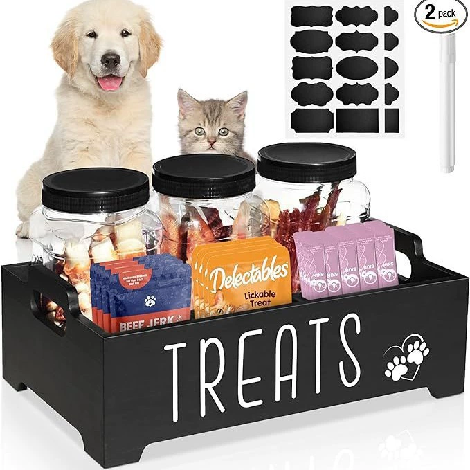 Контейнер для хранения закусок для домашних животных, с 3 банками для еды и деревянной коробкой. Подходит для корма для собак Корм для кошек