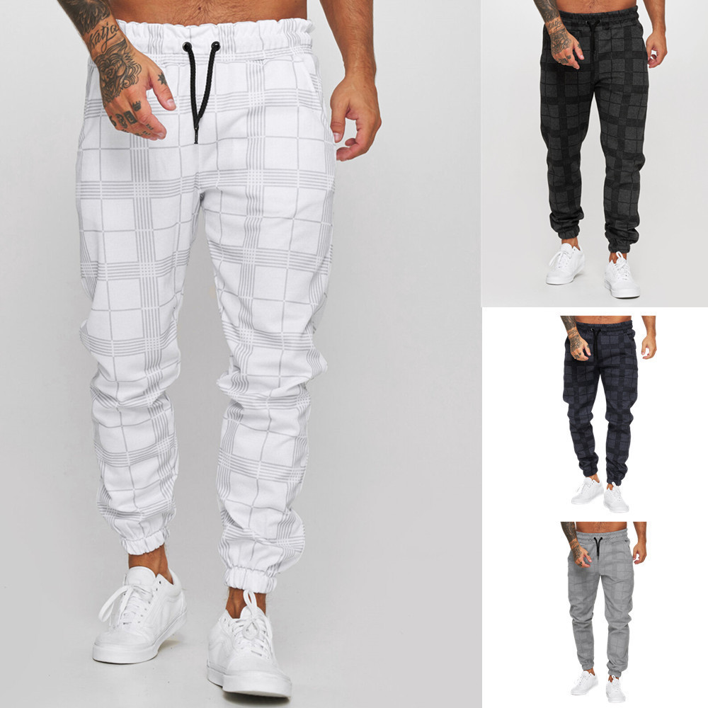 Cross-border Amazon Bestseller: Plaid 3D Digital Print Elastic Waist Casual Pants | Fitness Skinny Tapered Joggers with Ankle Cuffs