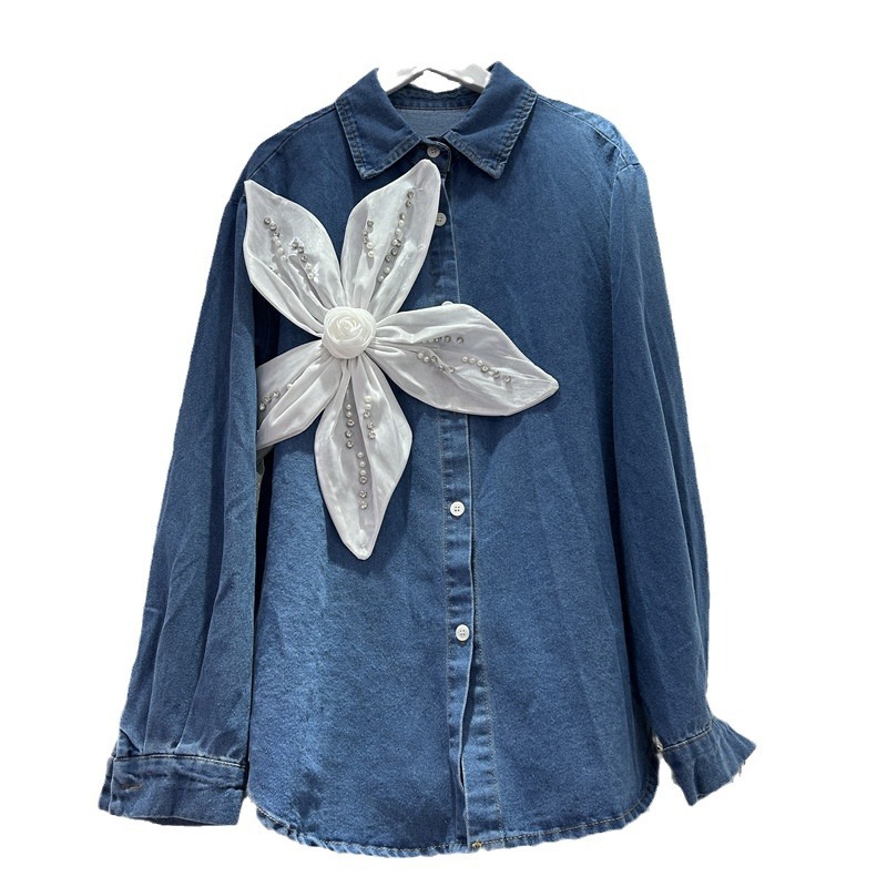 Diseño nicho otoño 2024 nueva camisa de flores tridimensionales mujer retro estilo de Hong Kong suelta camisa de vaqueros de moda