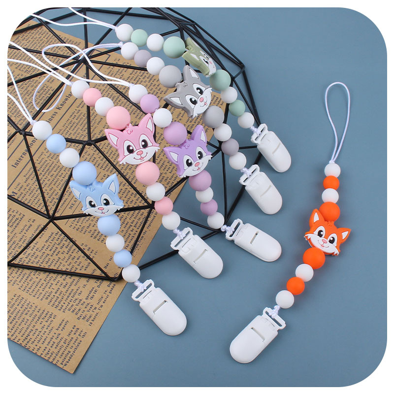 Bebé animal de dibujos animados Fox gato silicona teether dientes de bebé palo de juguete teether pezón cadena anti-caída