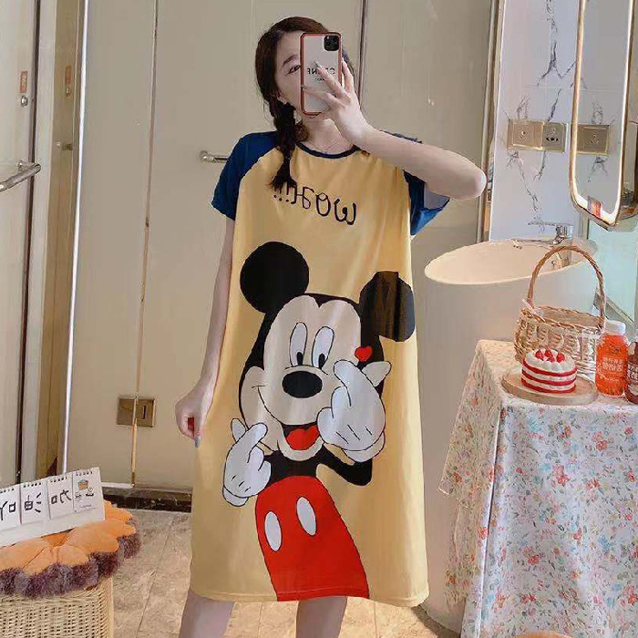 Pijamas de las mujeres de verano manga corta transpirable de dibujos animados delgada camisón suelto perezoso de las mujeres de longitud media de la fábrica al por mayor puede ser enviado en nombre