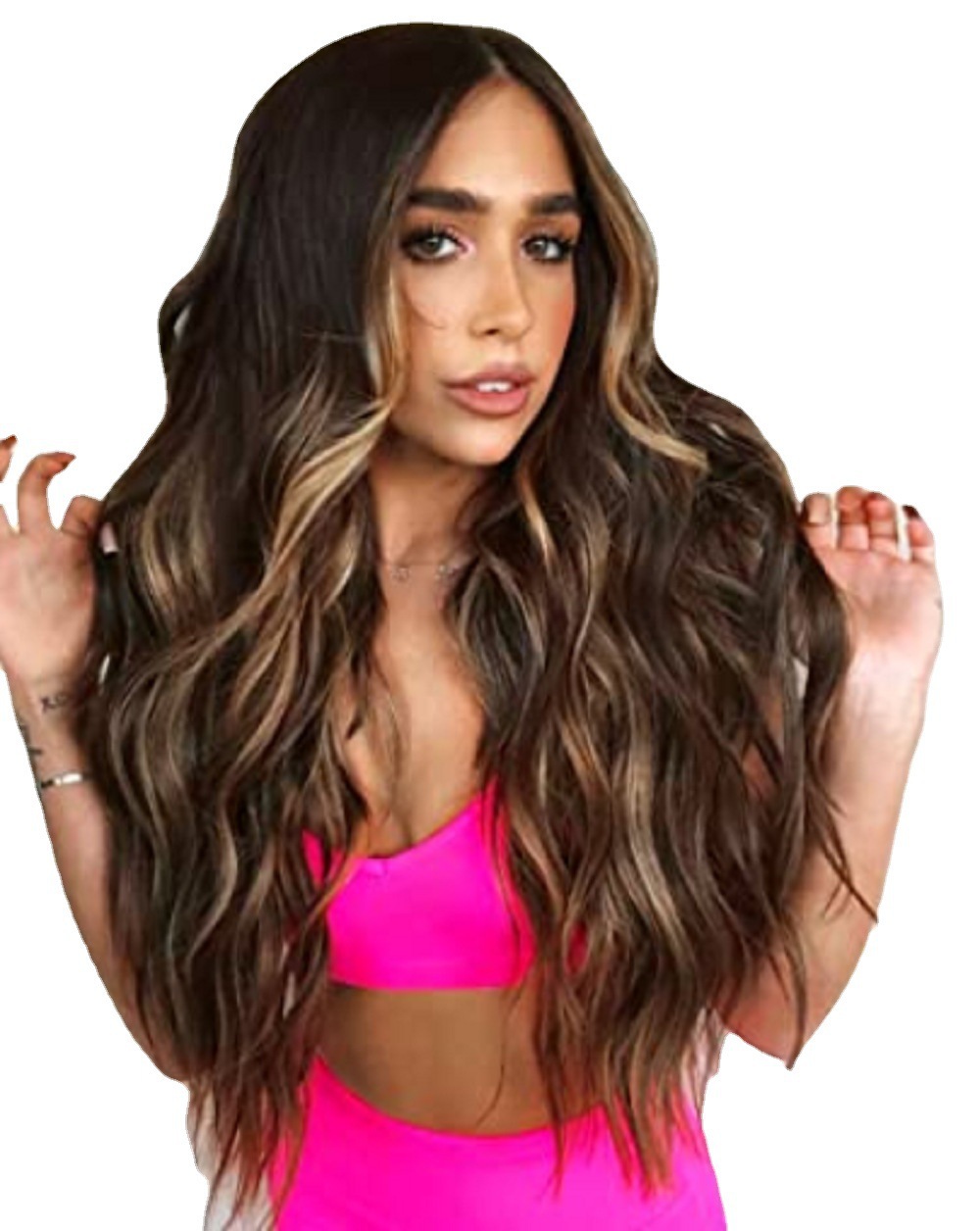 Synthetische Perücke für Damen, gewellt, lockig, punktgefärbt, schwarzbraun, langes Haar, Rose-Mesh, Hochtemperatur-Seide, chemische Faser, Kopfbedeckung_voghion.com