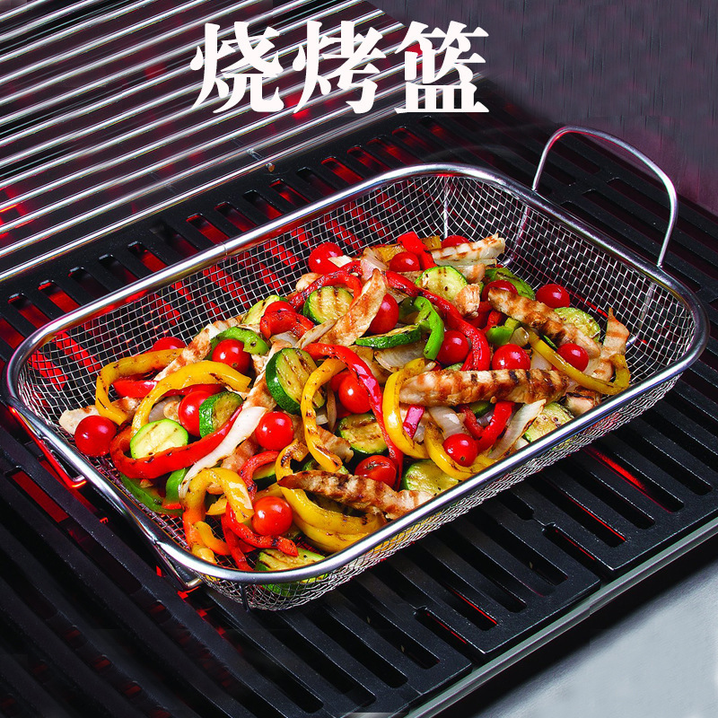 Amazon stainless steel square barbecue basket multi-functional wire basket barbecue tray fruit and vegetable basket with handle draining basket vegetable basket