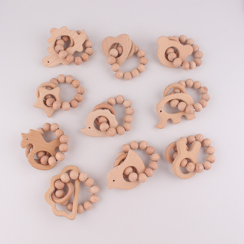 Europa y América niños pulsera de madera animal beech goma de madera perla recién nacido mordida le mordida molar pulsera