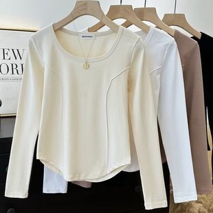 Fat mmU Collar Shoulder Covering Belly Inner T-shirt Slimming Autumn and Winter Base Shirt plus size Women's Design Long Sleeve Top