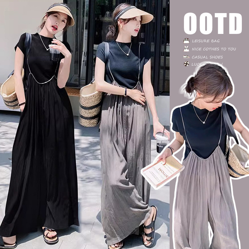 in stock New ~ Pregnant Women Summer Sling Wide Leg Pants suit Loose Meat Cover Design High-end Two-piece Pants