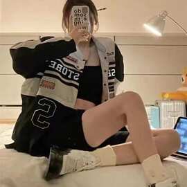 美式辣妹赛车可拆卸棒球服外套女vintage秋季套装薄复古机车情侣
