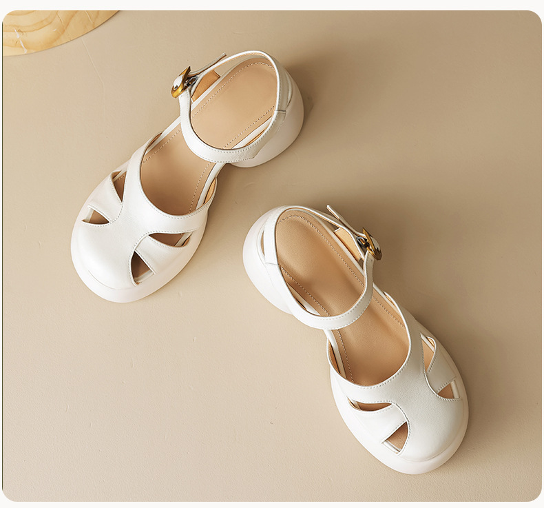 Sandal gót thô da cừu bít mũi phong cách La Mã đế dày quai ngang hở gót — Màu vàng ngỗng chi tiết 21