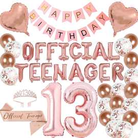 玫瑰金字母鱼尾拉旗生日official teenager13岁皇冠肩带生日派对