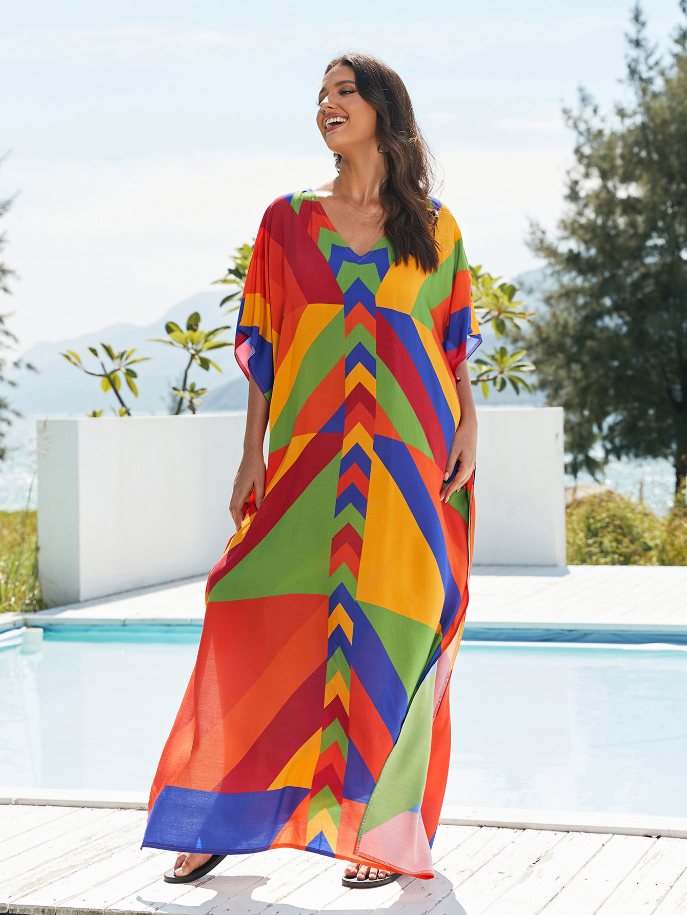 Rochie de plajă lungă kimono dama boho viscoză tie-dye_voghion.com