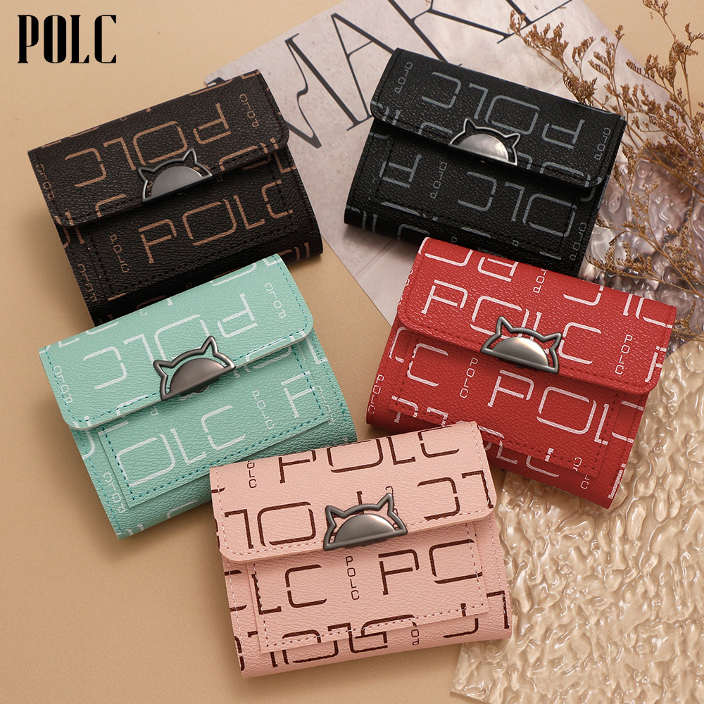 Cartera corta impresa de letras de moda europea y americana, bolso de tarjetas portátil pequeño de tres plegables, bolso de cambio, bolso de mano de mujer