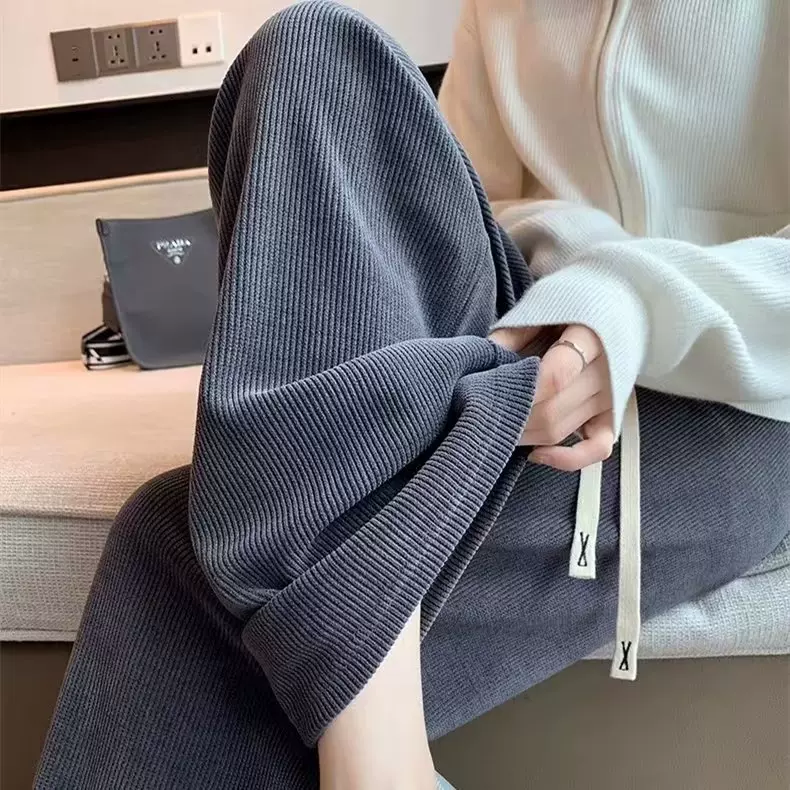 春季新款阔腿裤女抽绳高腰韩版直筒宽松百搭显瘦垂感织带休闲长裤