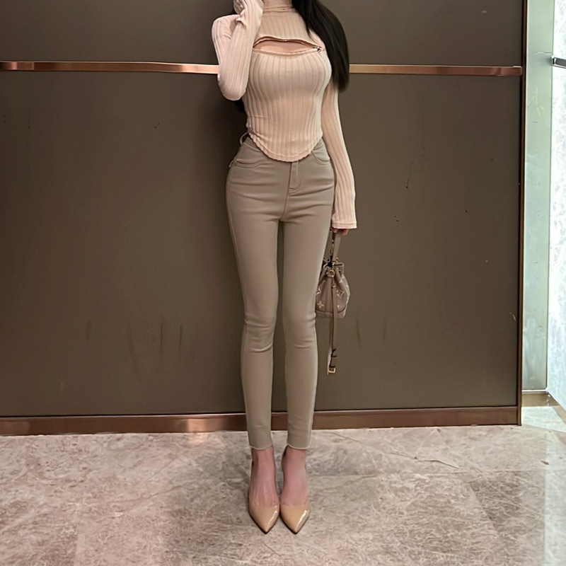 韩版辣妹奶茶色丰胯牛仔裤女紧身显瘦提臀纯色百搭小脚铅笔九分裤|undefined