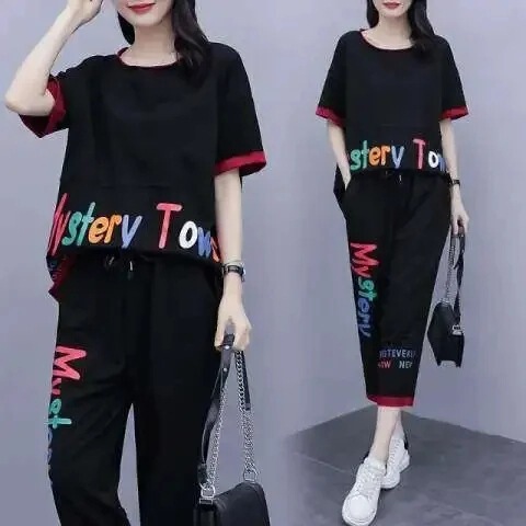 Fat Girl Slimming Look Fashion Casual Suit Women's New Fat mm Plus Size Women's Summer Two-Piece Set New Mother's Clothing
