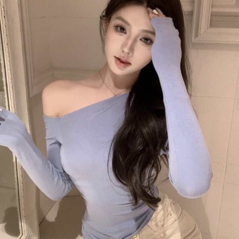 昕可达 斜肩抽褶露肩T恤女夏季内搭打底衫修身显瘦长袖针织上衣|undefined