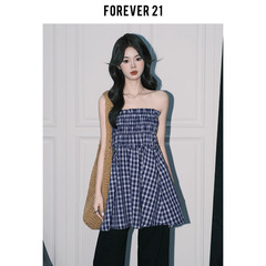 Forever21氛围感蓝色格纹抹胸背心裙女2025新款两穿A字半身伞裙子