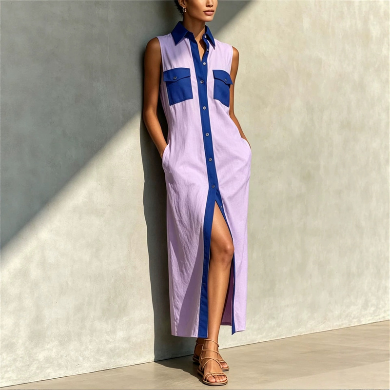 European and American Style Color-Blocked Sleeveless Shirt Dress with Double Pockets and Slit, Made of Cotton and Linen, Elegant Vacation Long Shirt Dress European and American Style Color-Blocked Sleeveless Shirt Dress with Double Pockets and Slit, Made of Cotton and Linen, Elegant Vacation Long Shirt Dress