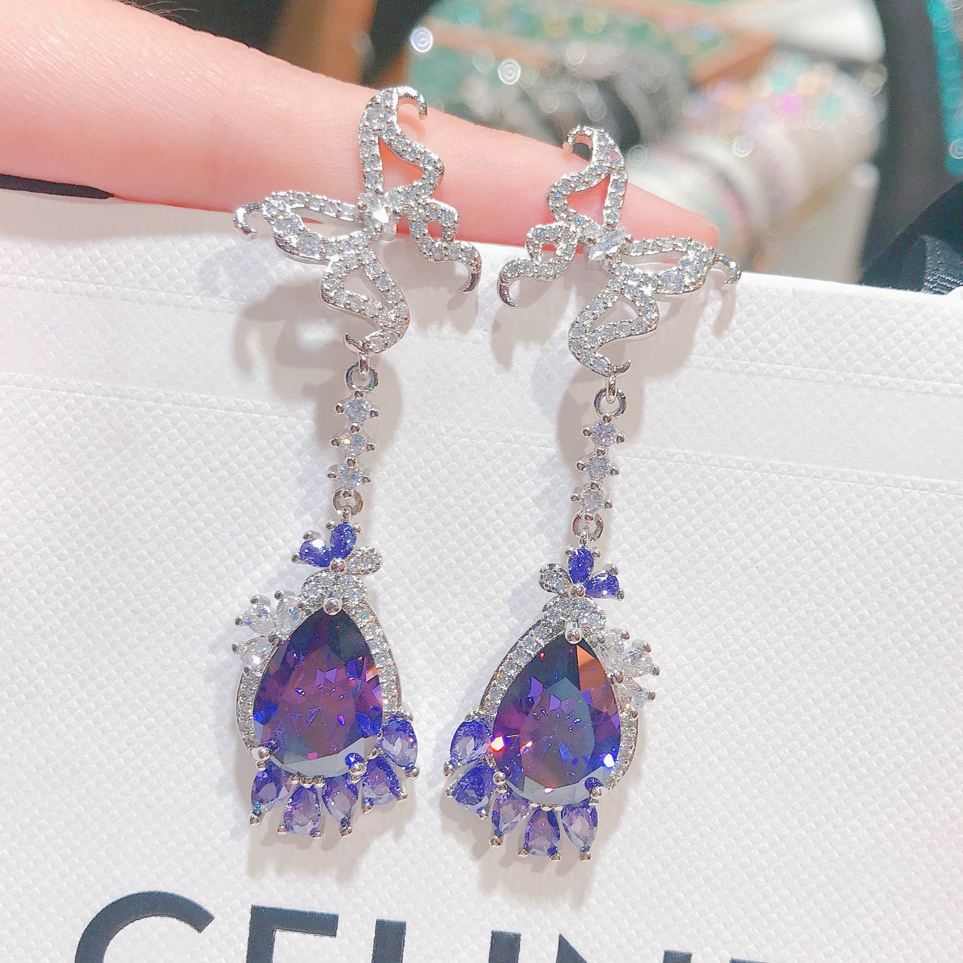 Designer Butterfly Earrings Water Drop Pear-shaped Amethyst Zircon Copper Earrings display picture 1