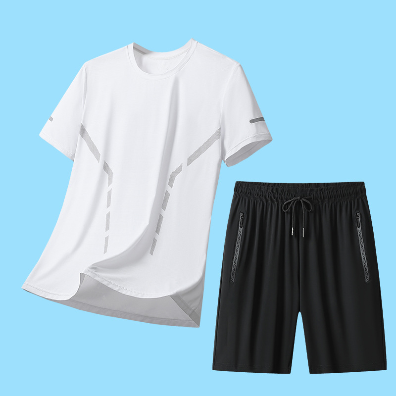 Transfronterizo Hielo rápido secado juego deportivo hombre de verano mangas cortas camiseta cool running pantalones cortos delgados fitness dos piezas set