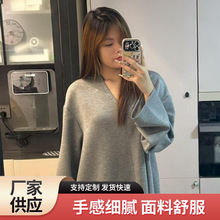 秋冬新款宽松复古V领灰色加厚长袖长裤套装女设计感气质2025跨境