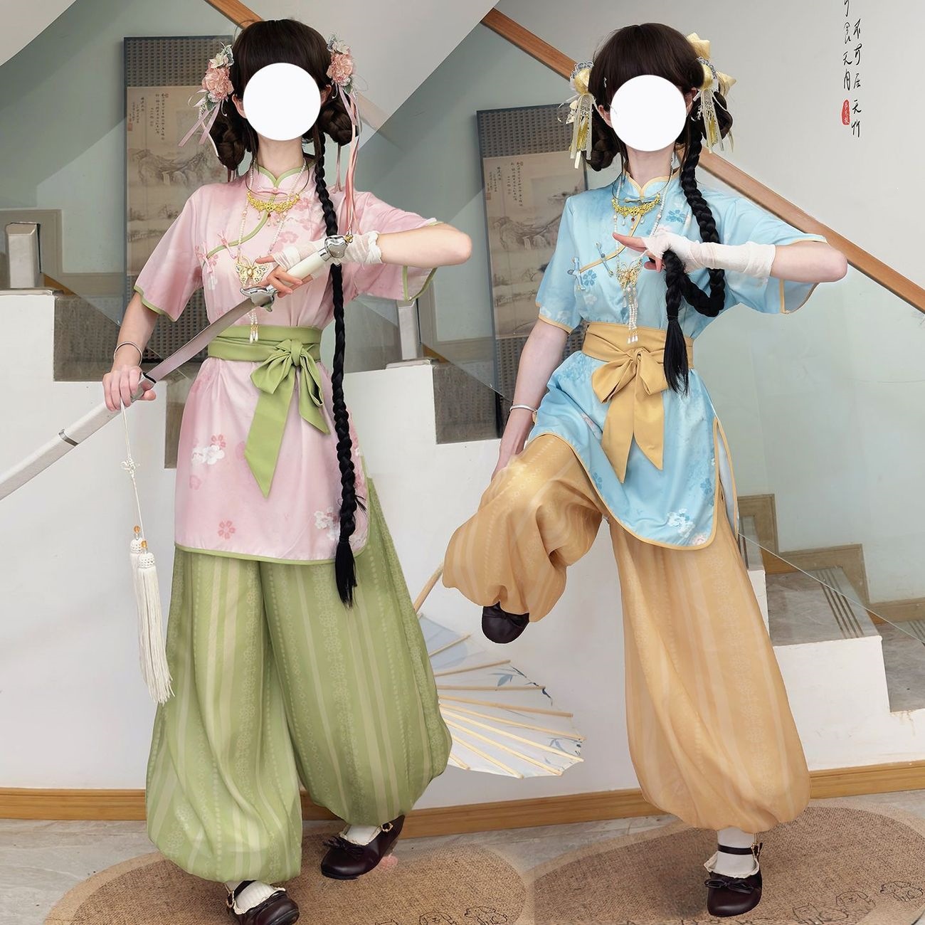 中华娘cos小厨娘立领旗袍修身仙姑武侠灯笼裤日常通勤批发代发