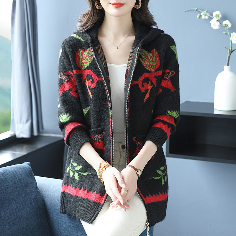 2025秋冬新款大码女装宽松中长款针织衫开衫连帽领厚毛衣外套跨境