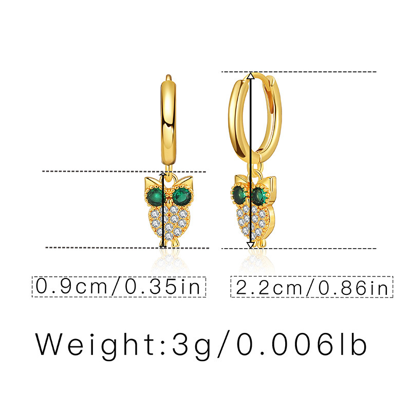 Micro-inlaid Zircon Earrings Owl Design Small Animal Earrings 18k Gold Small Pendant Earrings display picture 1