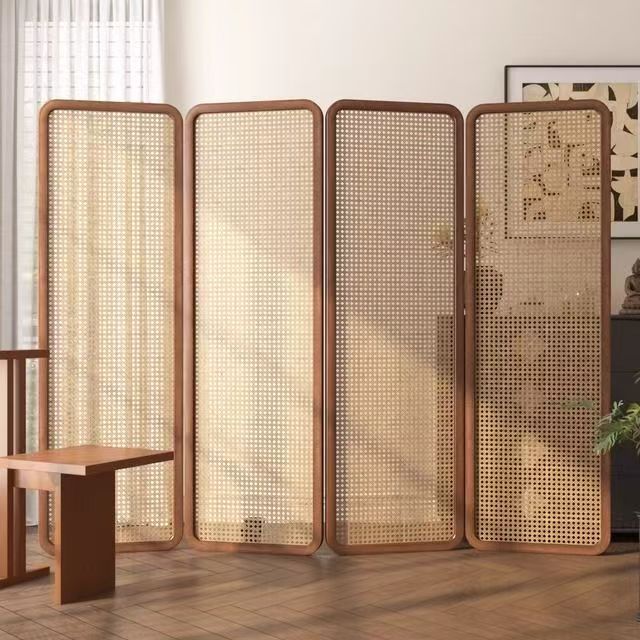 New Chinese Style Rattan Screen Partition Living Room Retro Entrance Hall Office Home Folding Mobile Solid Wood Folding Screen