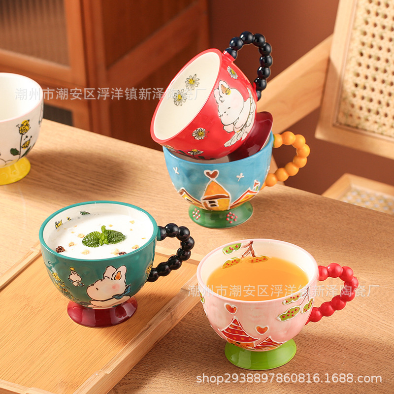 Hand-painted embossed household ceramic round bead handle mug oatmeal milk breakfast cup large capacity hand gift cup