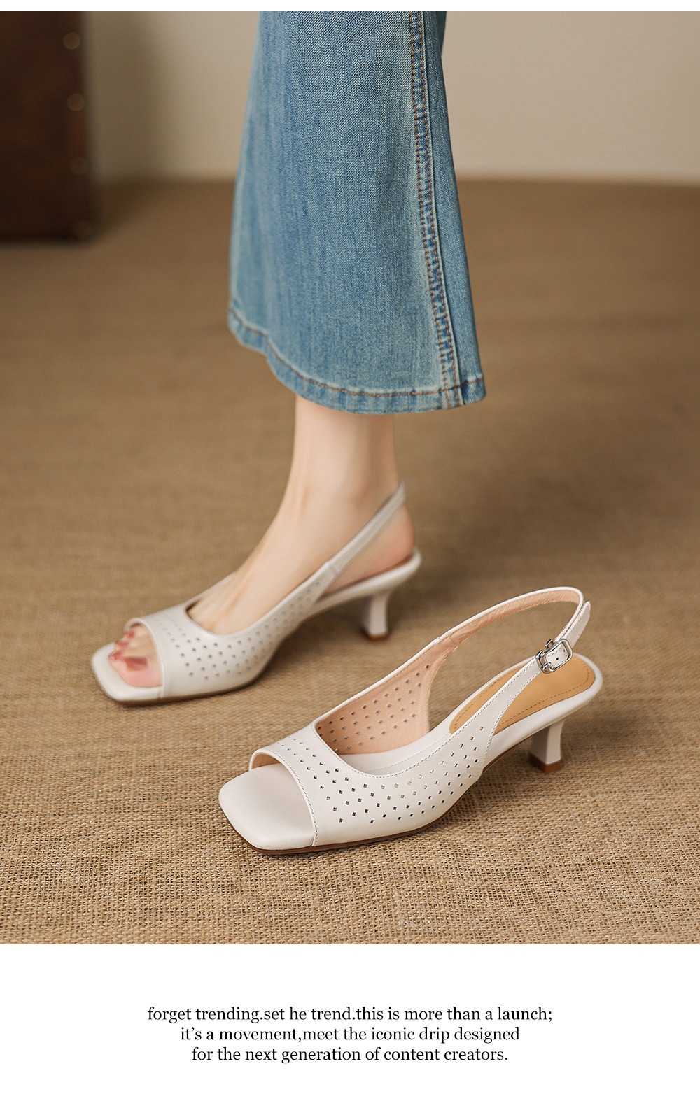 Sandal nữ đầu vuông hở ngón chân da bò thô gót thô cao — màu trắng ngà chi tiết 14