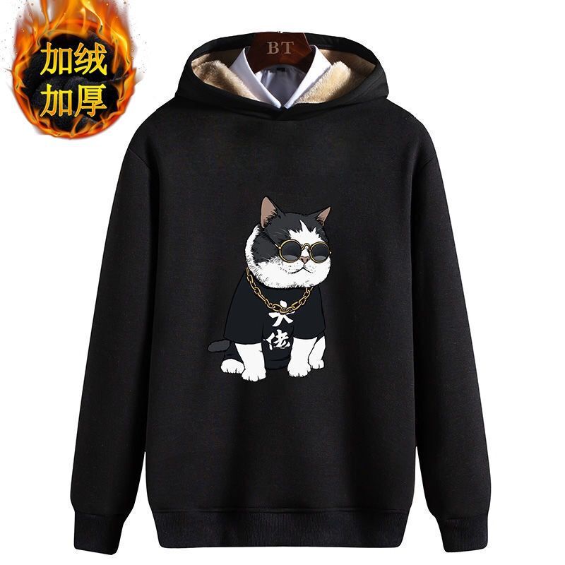 High quality autumn and winter full body fleece-lined thickened warm youth sweater hooded men's student long sleeve pullover