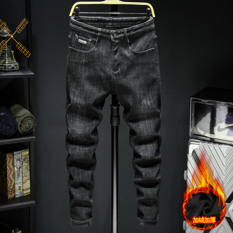 冬季新款加絨加厚牛仔褲男潮牌修身小腳韓版潮流百搭男士長褲子潮