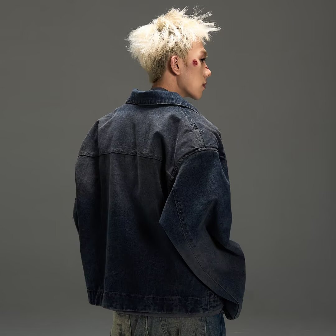 미국 스타일 레트로 더러운 염료 세척 짧은 오토바이 데님 재킷 트렌디 하이 스트리트 솔리드 컬러 블루 재킷