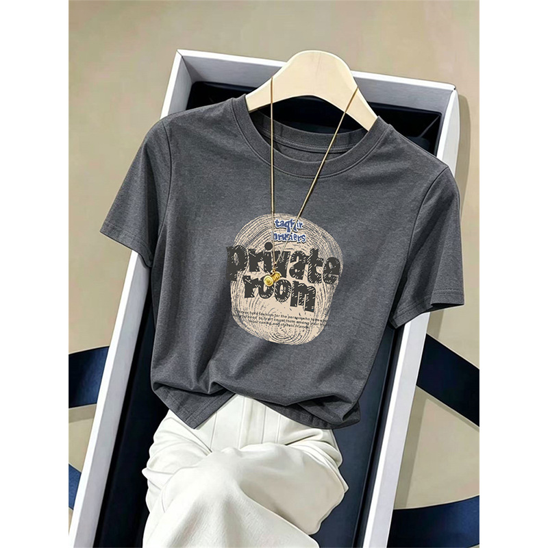 Dark Gray Pure Cotton Short-Sleeve T-Shirt for Women, Trendy and Versatile, Youthful and Slimming, Stylish Top, Summer 2026 Fashion