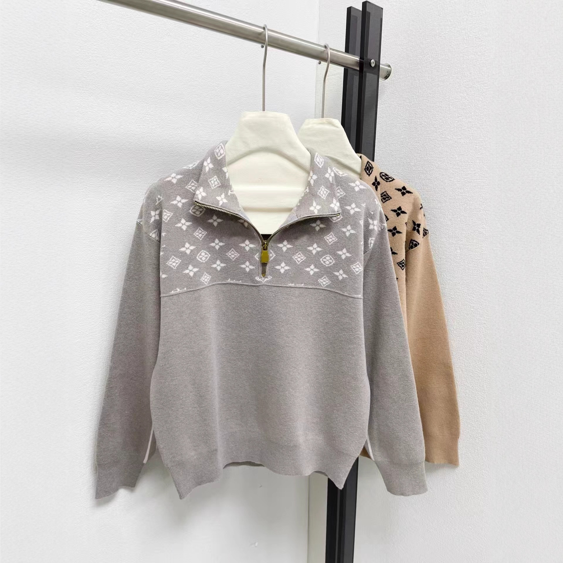 高定秋冬新款时尚百搭撞色翻领LOGO拉链针织衫男女同款宽松毛衣