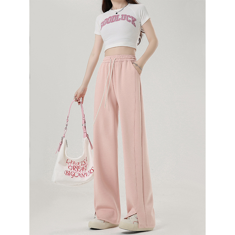 Air layer split cloud pants pink wide-leg pants women's spring and autumn high waist hot girl drape narrow straight casual mop
