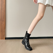 小方头复古黑色短靴女24秋冬新款百搭后拉链单靴粗跟马丁靴瘦瘦靴