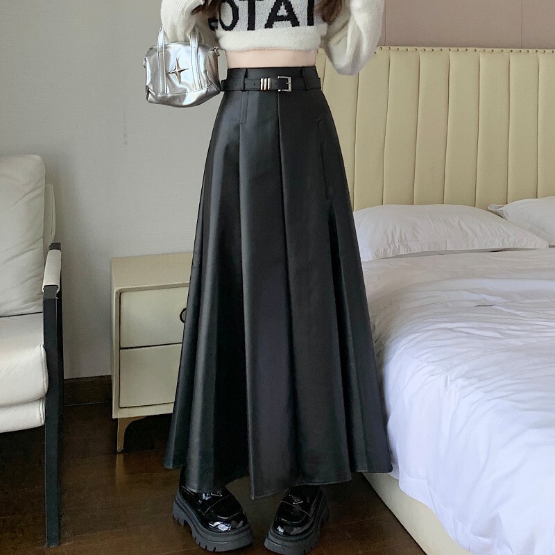 PU皮半身裙女2025秋季新款百搭大摆皮裙中长a字裙遮胯显瘦皮长裙|undefined