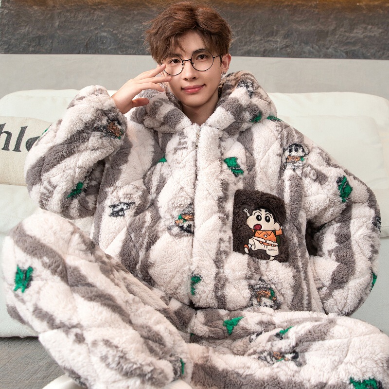 Cute Crayon Shin-Chan Three-Layer Quilted Pajamas for Men Winter Hooded Thickeneded Velvet Youth Home Wear Set Cute Crayon Shin-Chan Three-Layer Quilted Pajamas for Men Winter Hooded Thickeneded Velvet Youth Home Wear Set