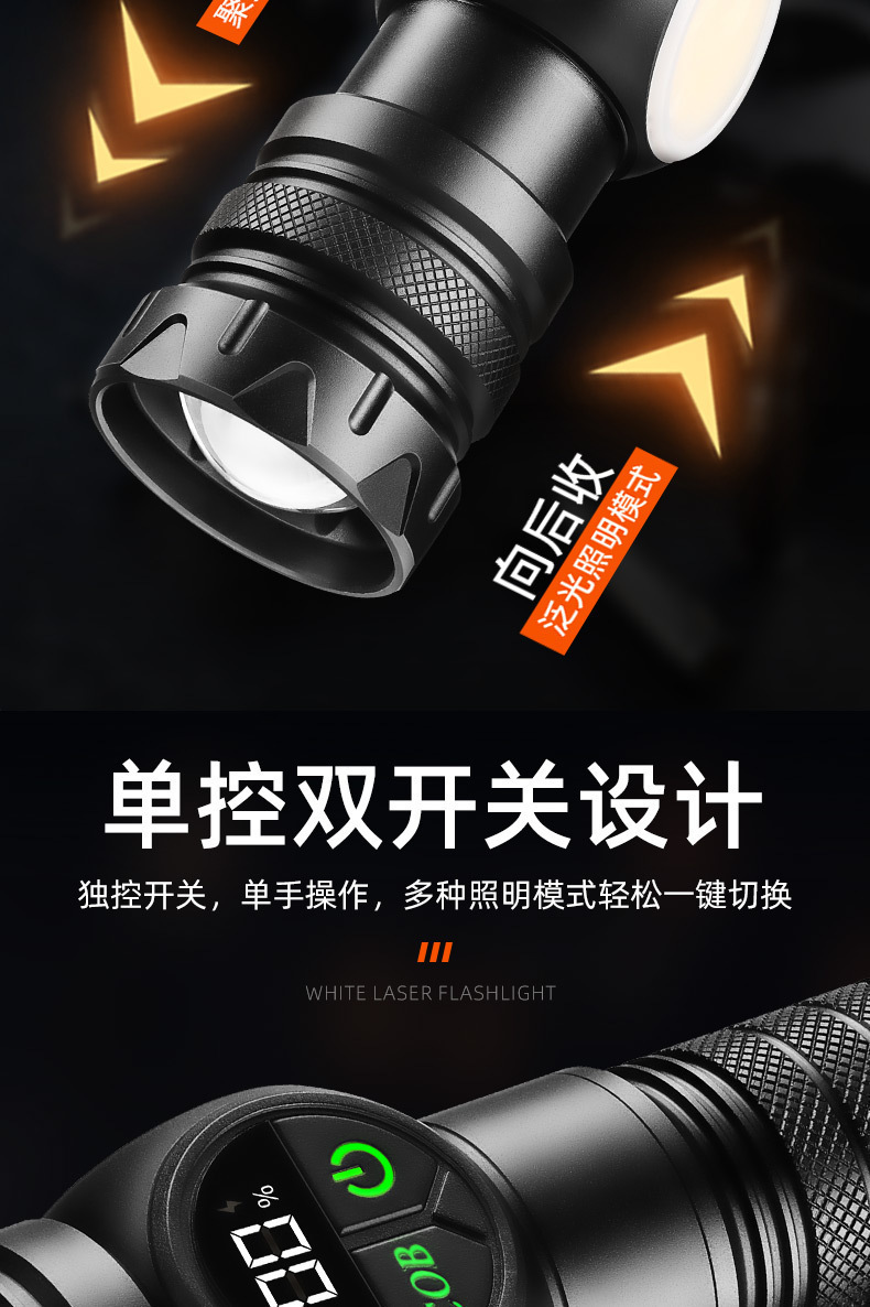 Cross-border digital display power indicator, high-brightness flashlight with zoom, long-range side light, floodlight for home emergency, outdoor hiking, cycling, rechargeable
