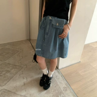 KITTIN 夏日女装韩系复古风休闲显瘦高腰牛仔半身裙6769(配腰包)