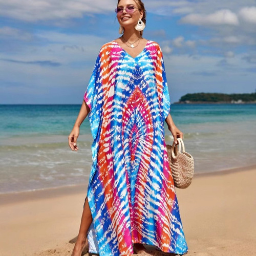 2025 Western and European Fashion Print Bali Beach Dress Gown Style Coastal Vacation Sun Protection Leisure Style